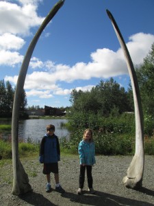 The northern native americans hunted whales to feed their families through the winter(they still do-each village allowed so many whales). Kat and Kane are standing between a grey whale jaw bones. 