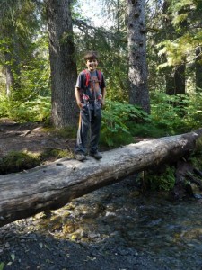 Kane likes to cross creeks on fallen down trees. 