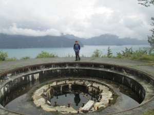 One of 2 massive gun blocks, positioned at the edge of a 650 foot wall of rock, giving artillery officers and excellent view of Resurrection Bay.  Mounted two 6 inch guns that could shoot up to 10 miles away. 