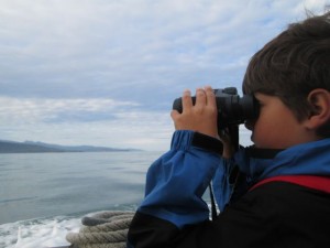 Kane searching for sealife on boat ride.  