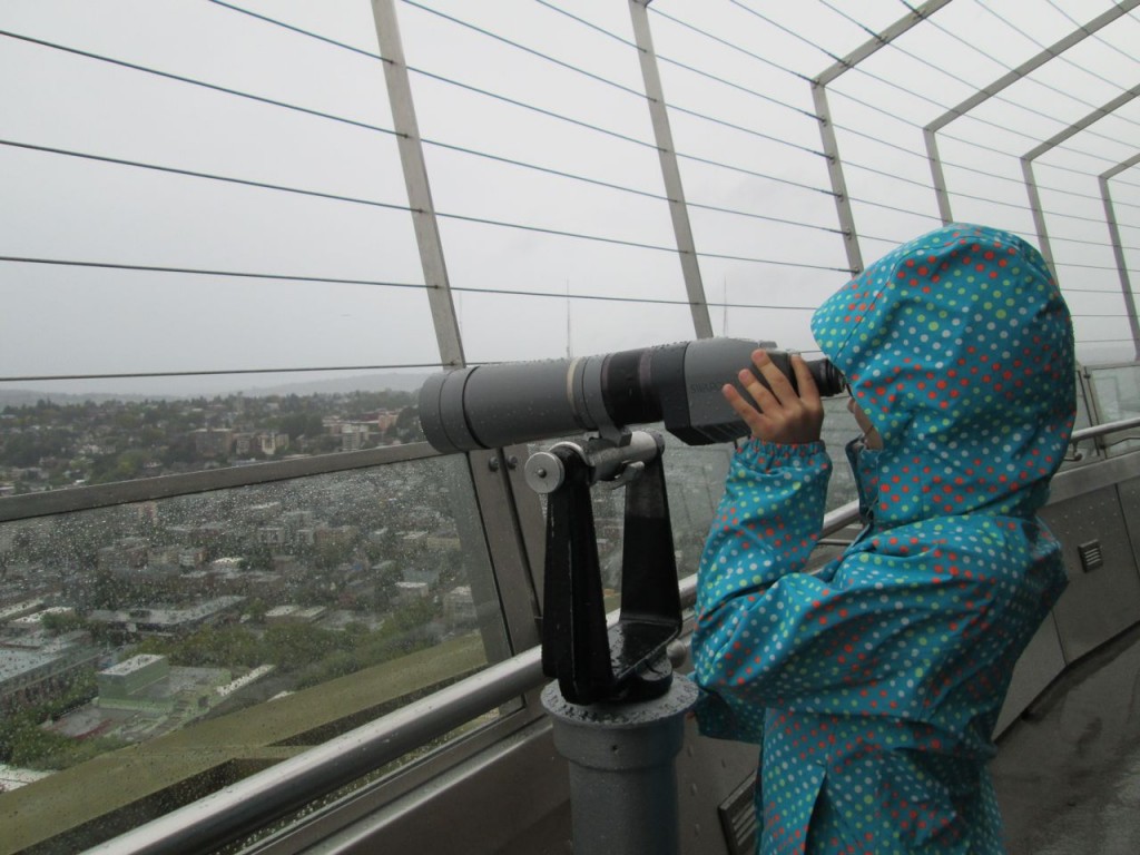 Kat, checking out Seattle via a Space Needle scope.  Visibility was poor!