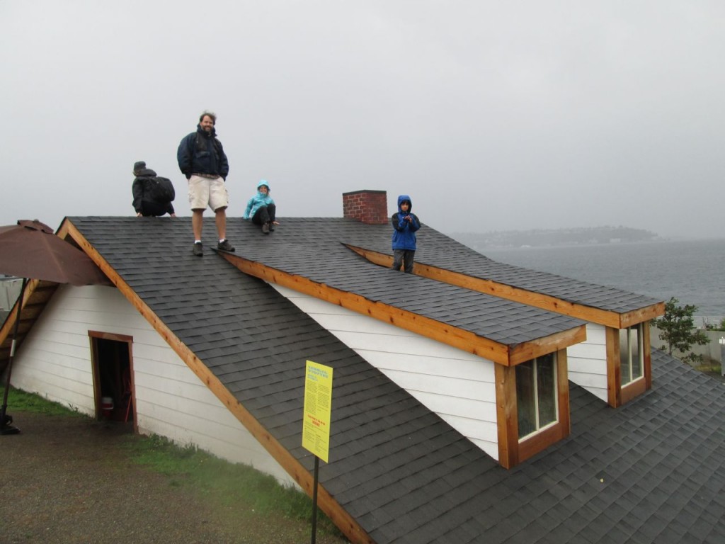 It took some nerve to finally climb up here, we were not 100% certain we could, but nobody stopped us.  Not sure what kind of art this is... a roof built in the hillside.  Did I mention entry was free?