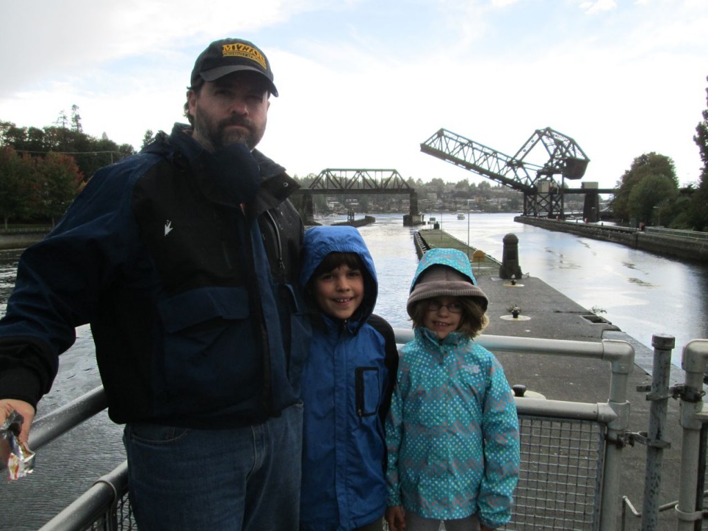 Large lock is to the right, small to the left.  This is the puget sound side where the boats head out to sea.  We all loved it, though by this point, Kane was anxious to get to the fish ladder.