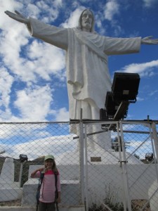 Kat and the "Big White Jesus."  He looks so beautiful at night all lit up from town.  