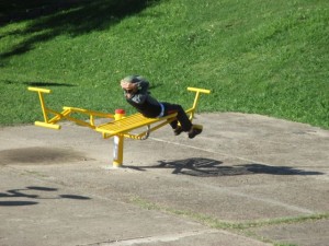 Working out his abs.